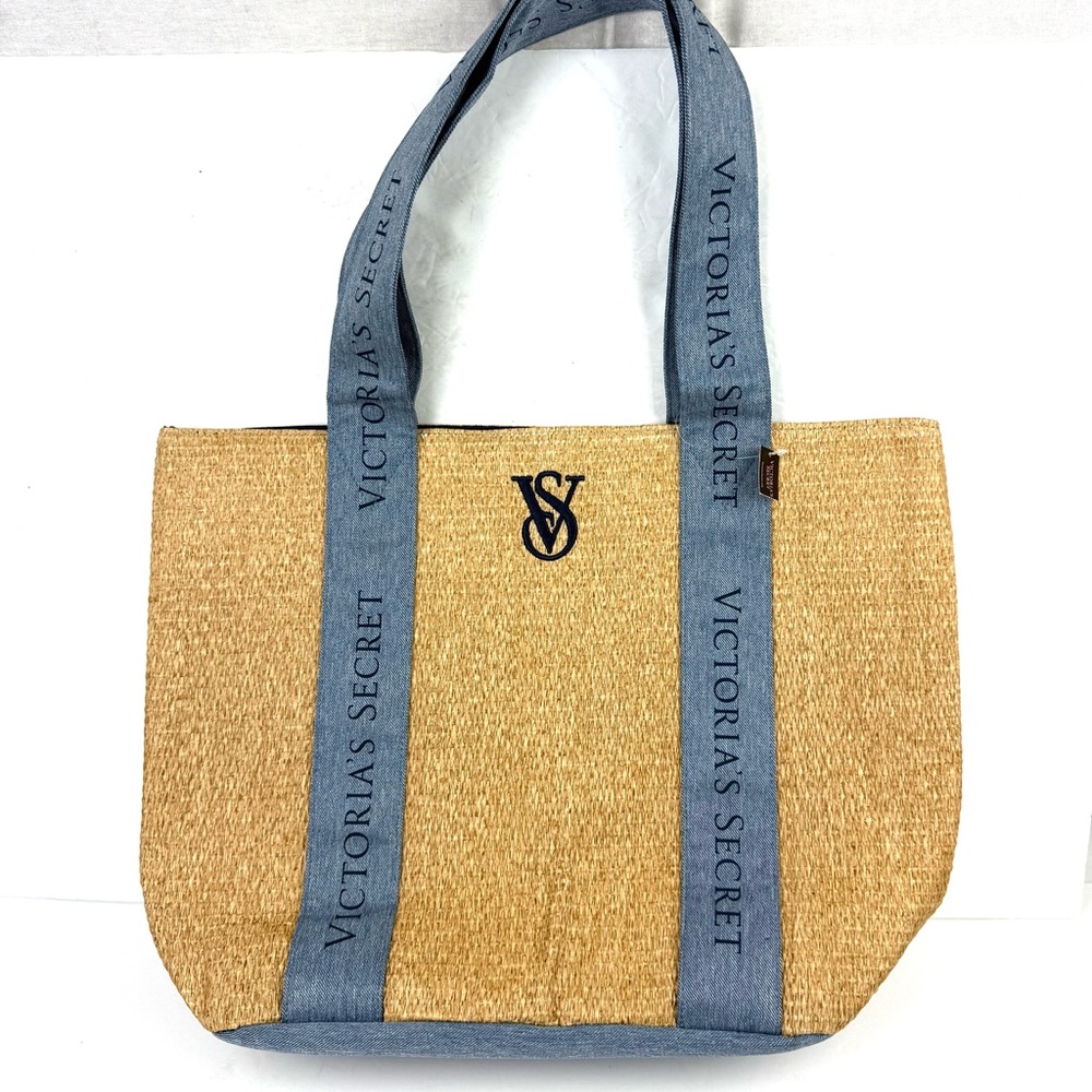 Victoria Secret Beach Tote Bag Raffia‎ Straw Denim Handbag Purse Brand New